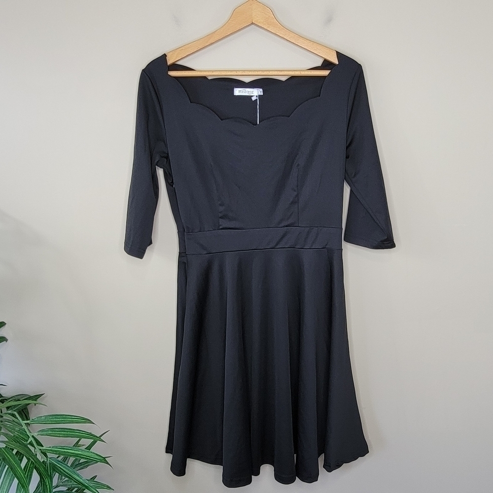 NWT Meaneor | Scalloped Neckline Black Dress Size Small